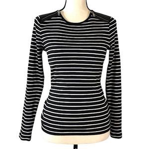 Lauren Ralph Lauren Size M Black and White Striped Cotton Knit Top Zip Shoulder